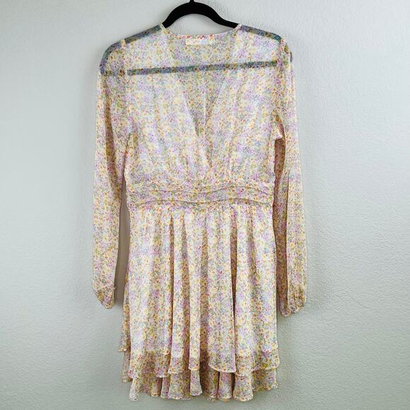 Elodie White Multi Floral Sheer Ruched Front Tie Surplice Mini Dress Large NWOT - Picture 16 of 16